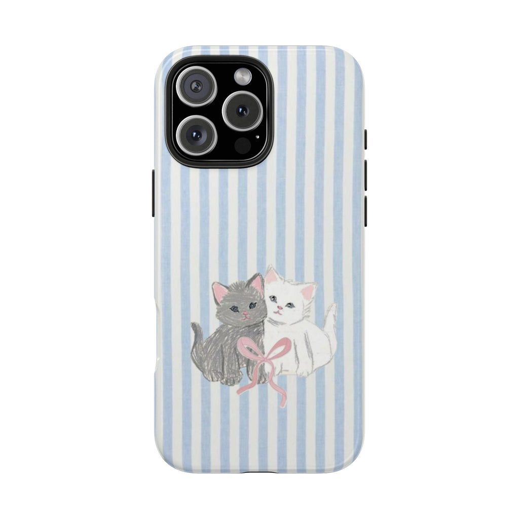 Blue/white striped phone case with twin cats and pink bow on back