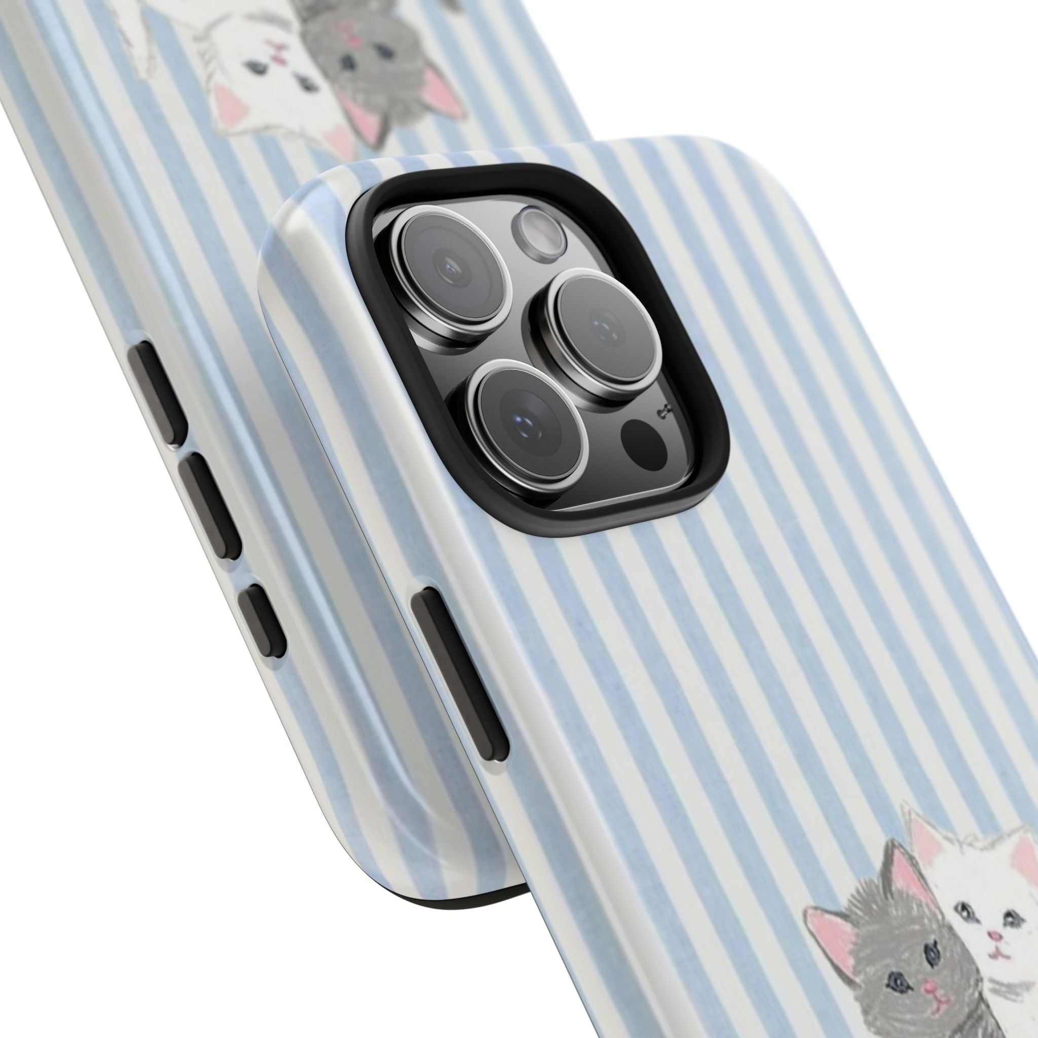 Blue/white striped phone case with cat print by camera cutout edge