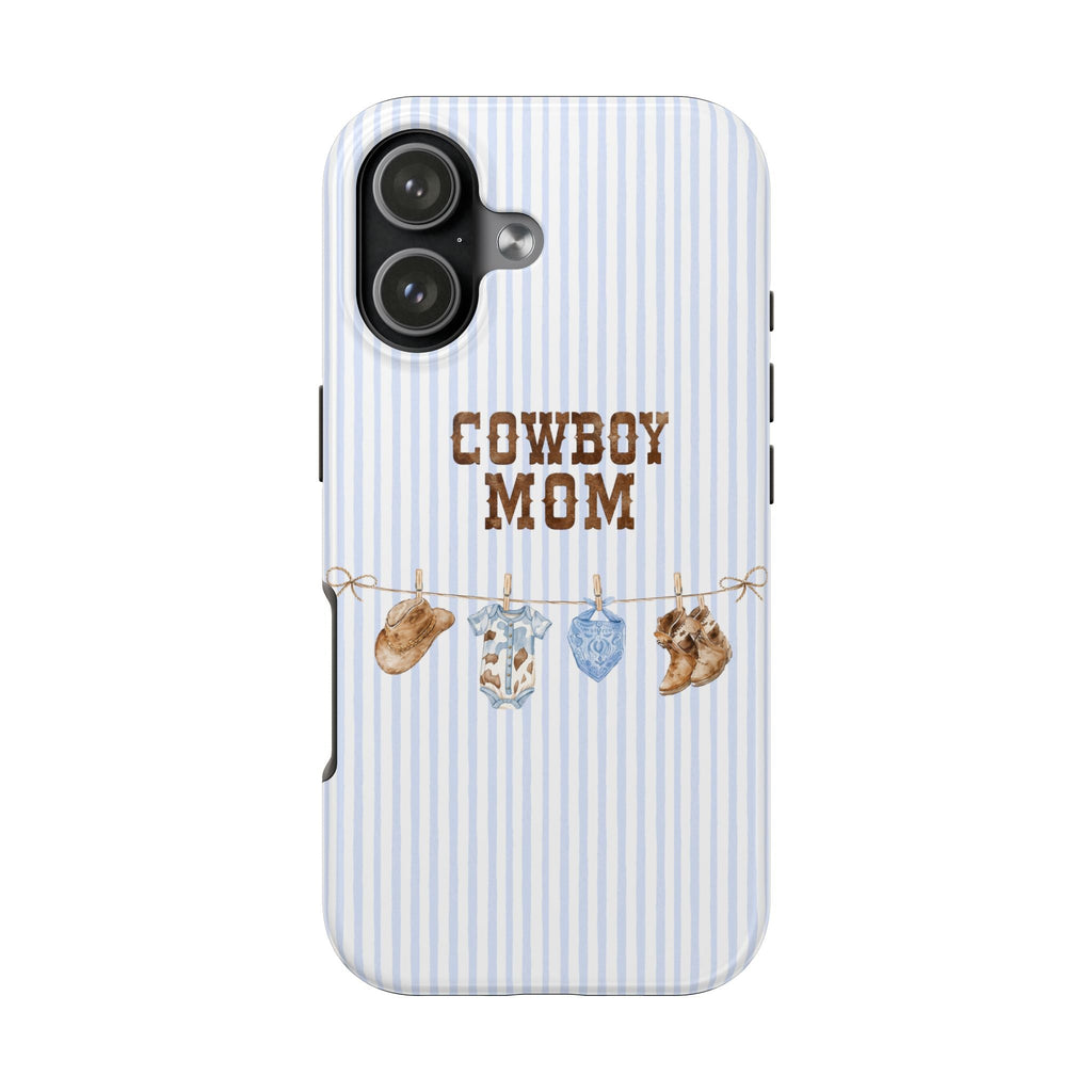 Blue striped phone case with “Cowboy Mom” graphic and hanging cowboy charms and boots