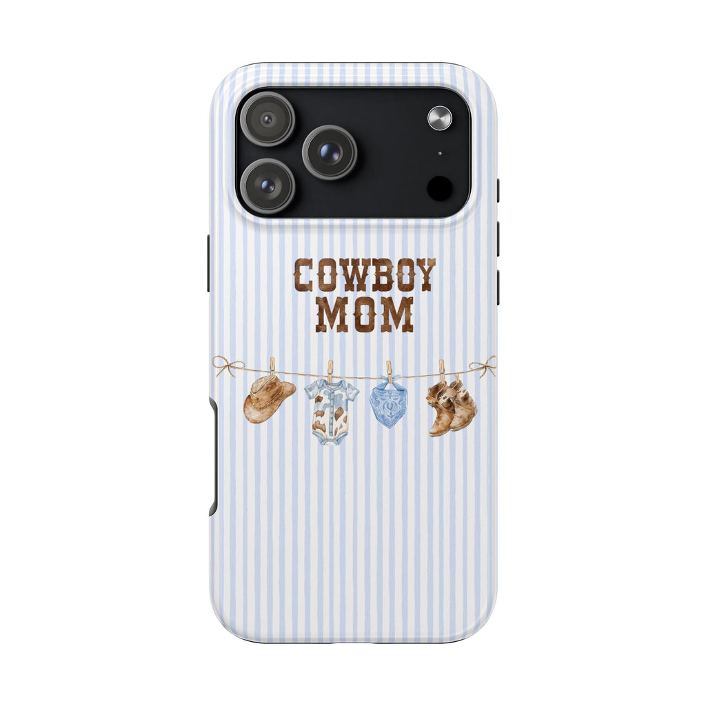 Blue striped phone case with “Cowboy Mom” print and cowboy boot, pendant, and charm motifs
