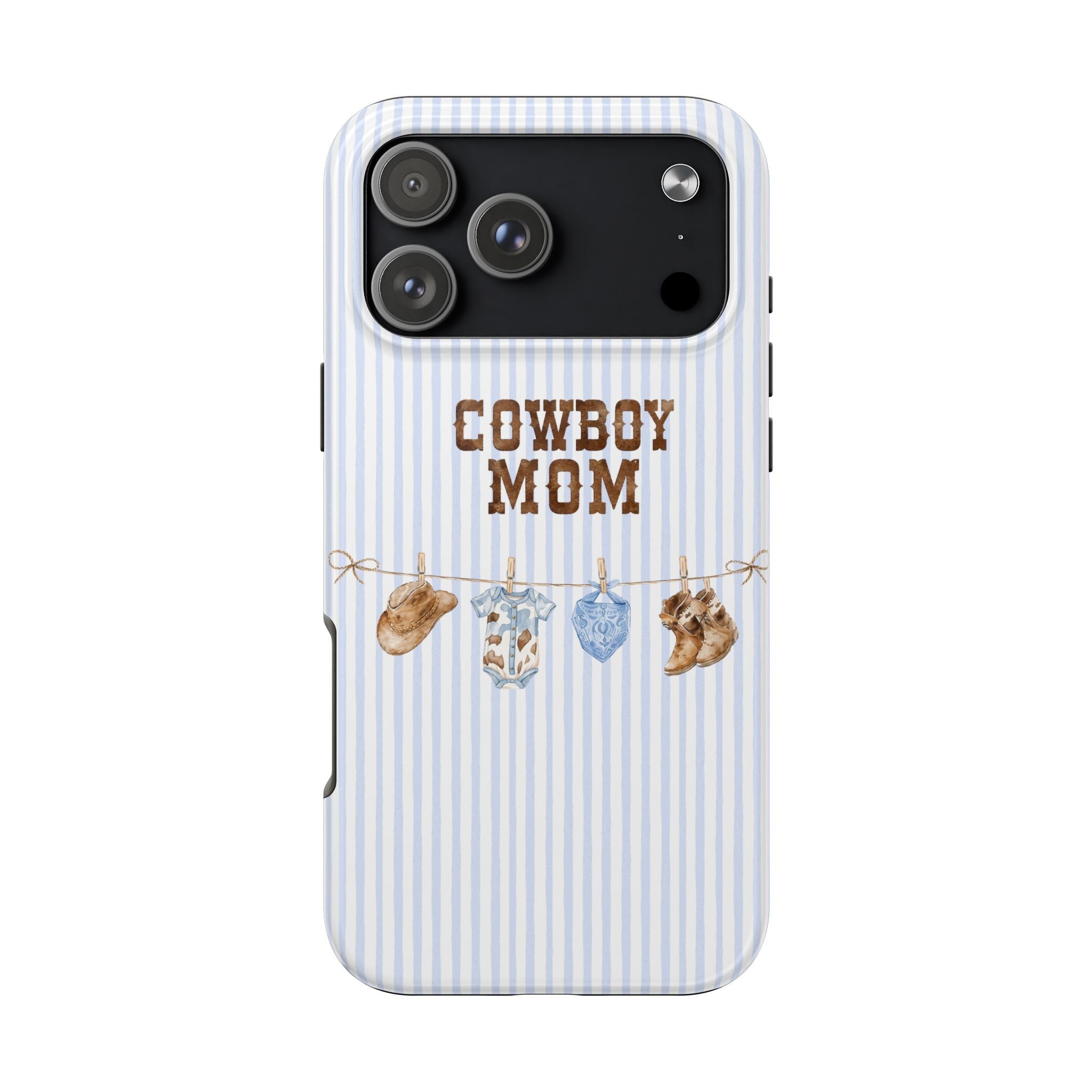 Blue striped phone case with “Cowboy Mom” print and cowboy boot, pendant, and charm motifs