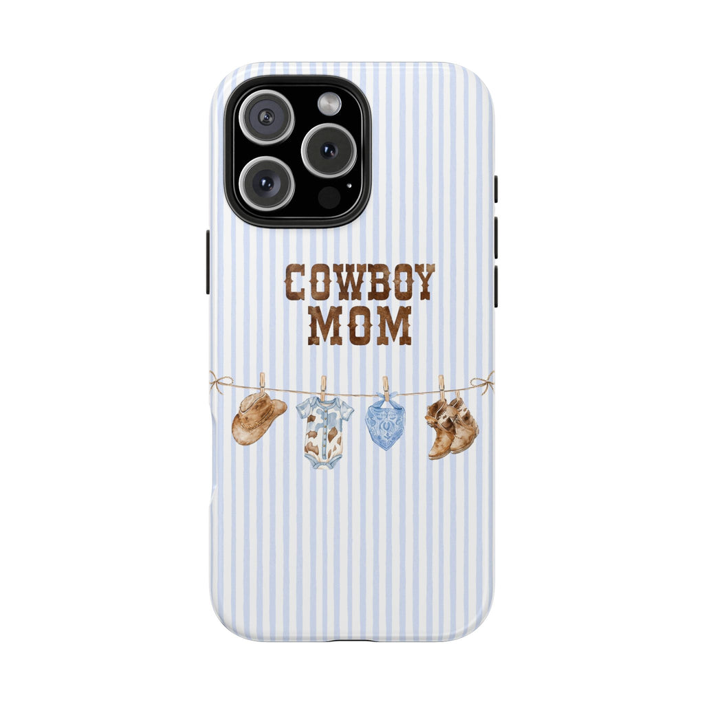 Blue striped phone case with “Cowboy Mom” text and cowboy boot charm graphics