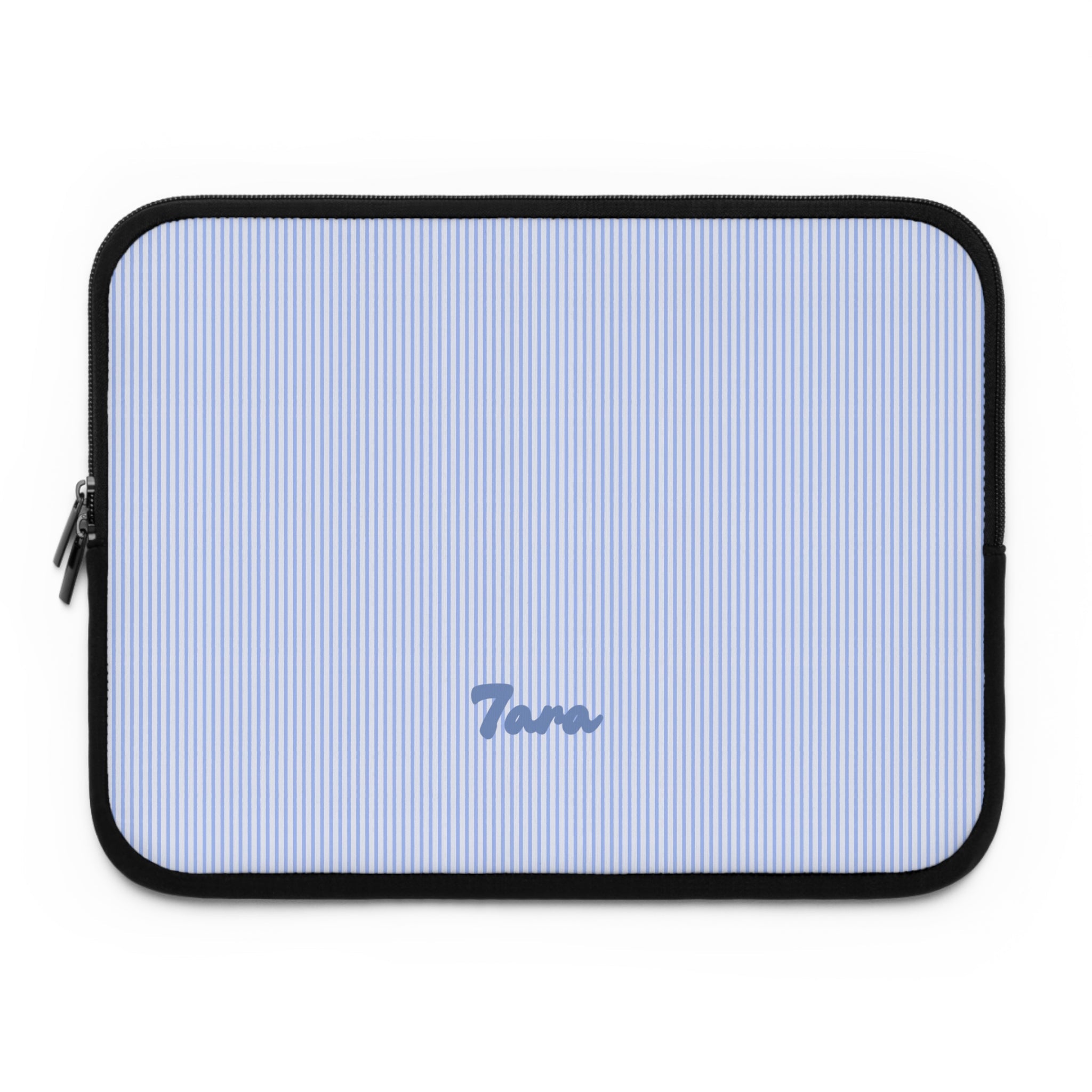 Light blue striped neoprene sleeve with black zipper trim, personalized “Tara”