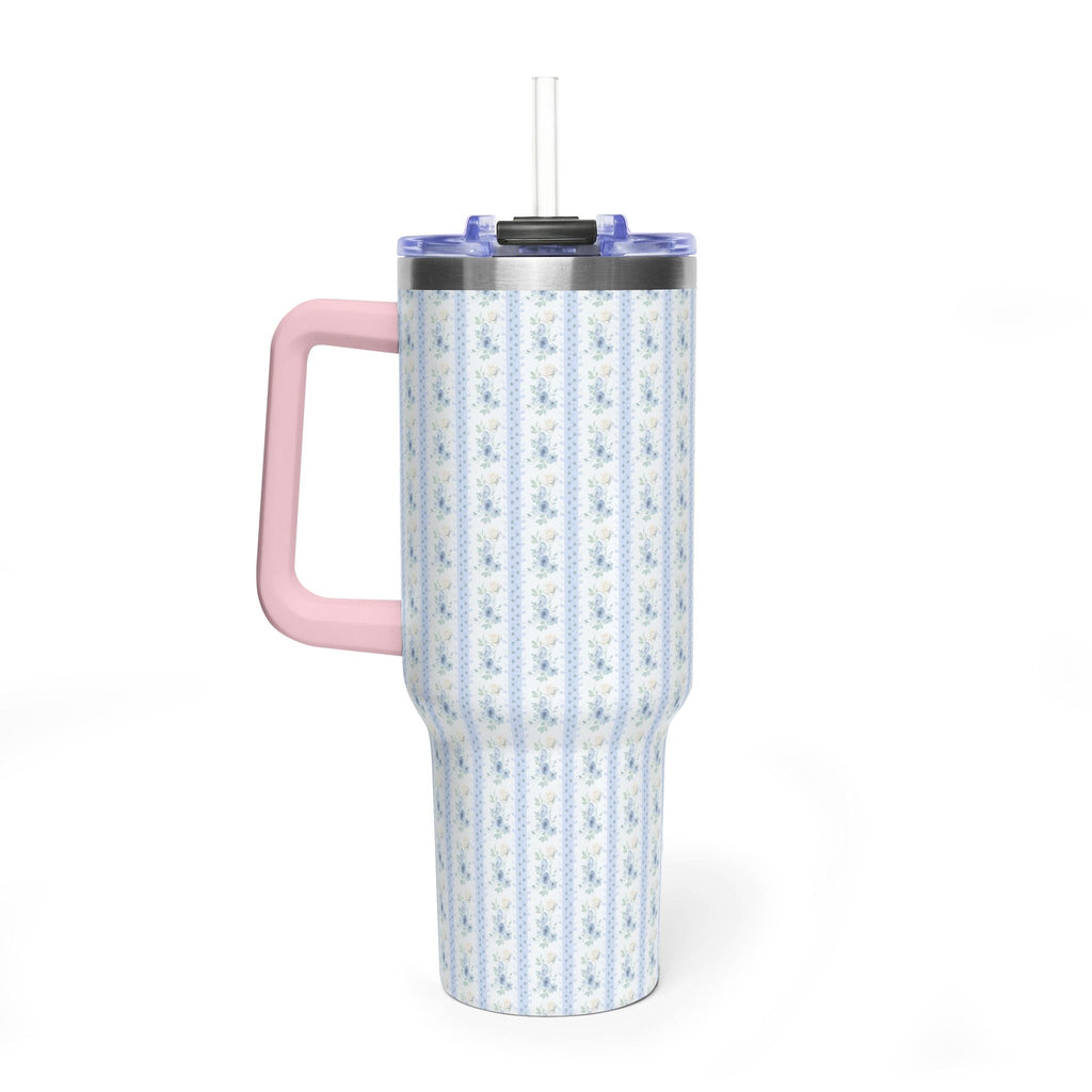 40 oz stainless steel tumbler with blue-and-white floral stripe print, pink side handle