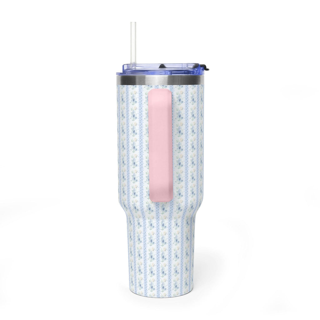 40 oz stainless steel tumbler with blue-and-white floral stripe pattern, pink handle panel