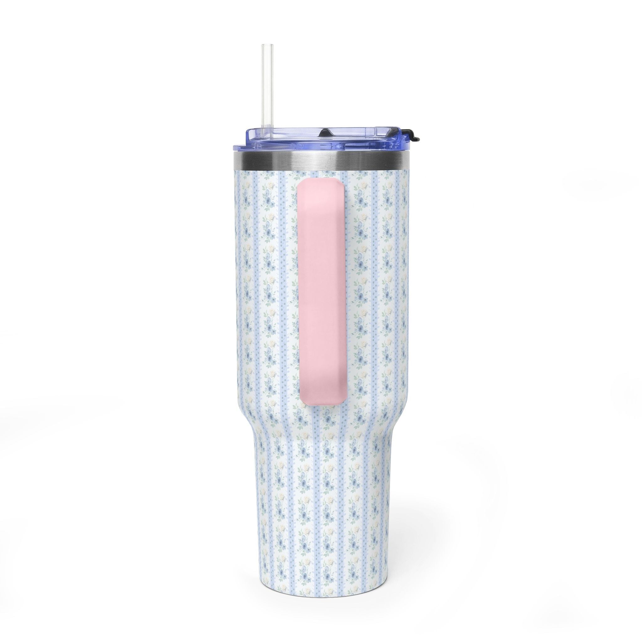 40 oz stainless steel tumbler with blue-and-white floral stripe pattern, pink handle panel