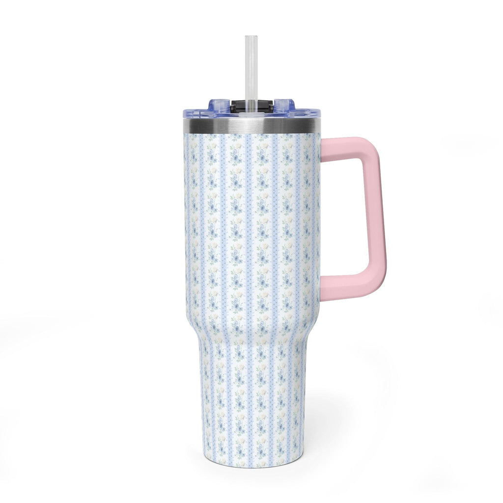 40 oz stainless steel tumbler, blue-and-white floral stripe print, pink handle