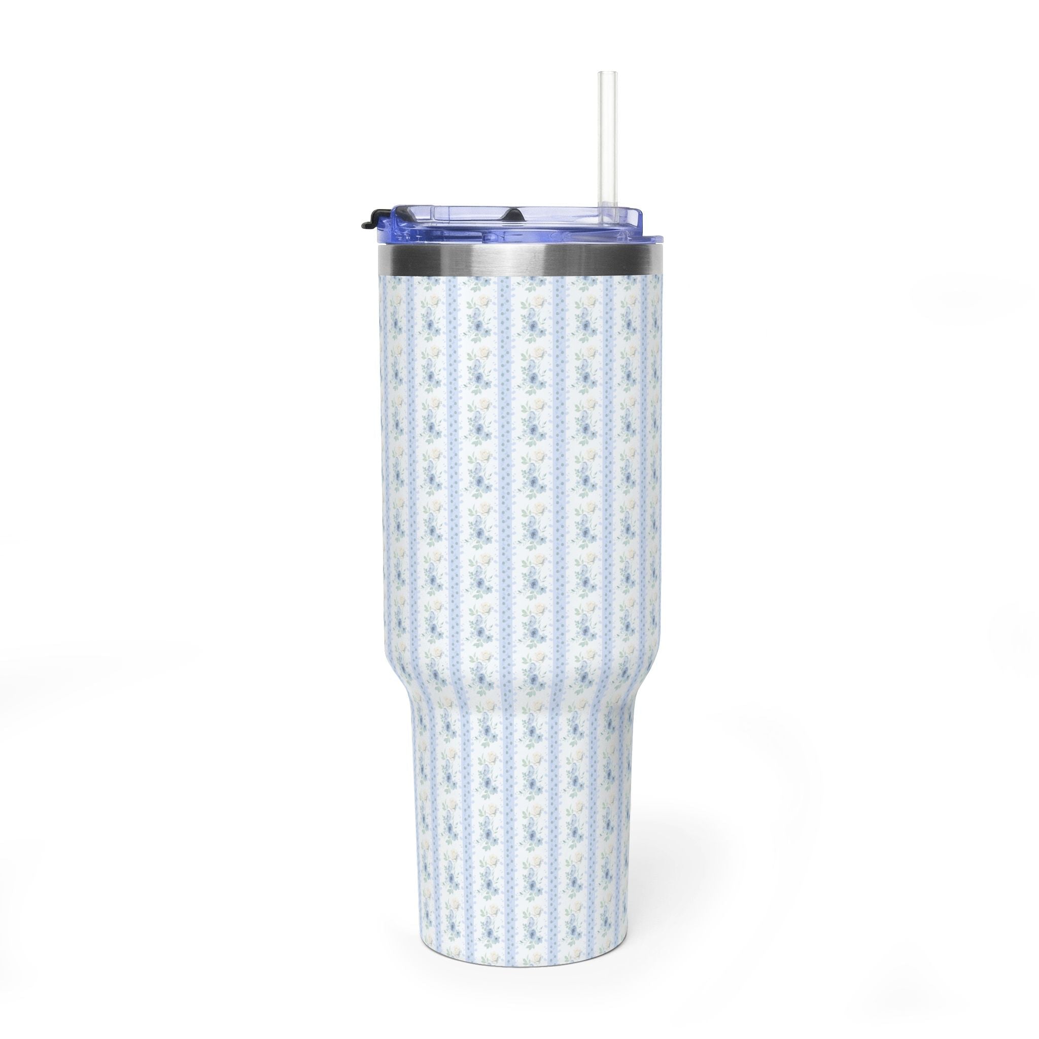 40 oz stainless steel tumbler with blue-and-white floral stripe design and clear lid