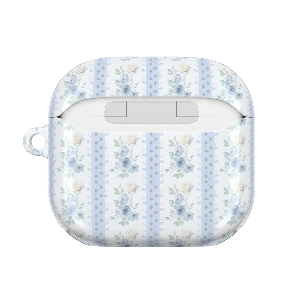 Blue floral striped AirPods case, closed front with speaker/charging slot visible