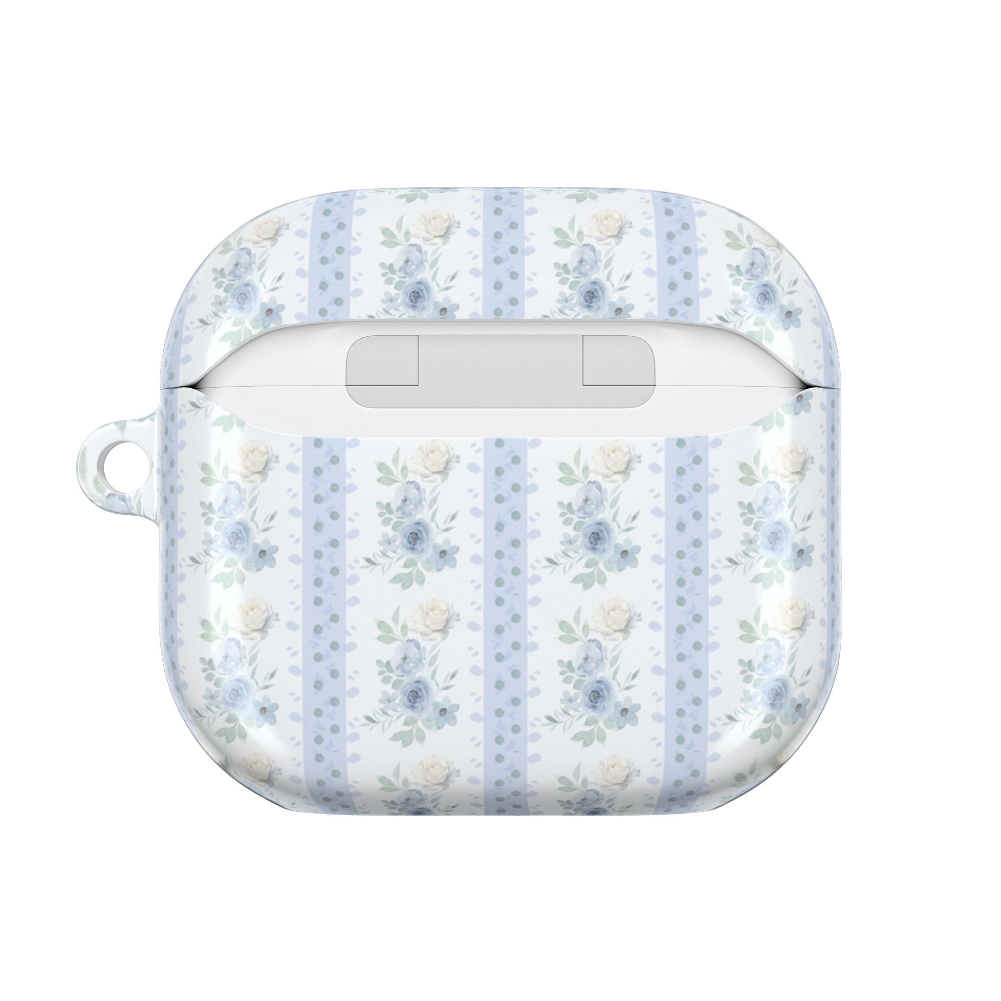 Blue floral striped AirPods case, closed front with speaker/charging slot visible