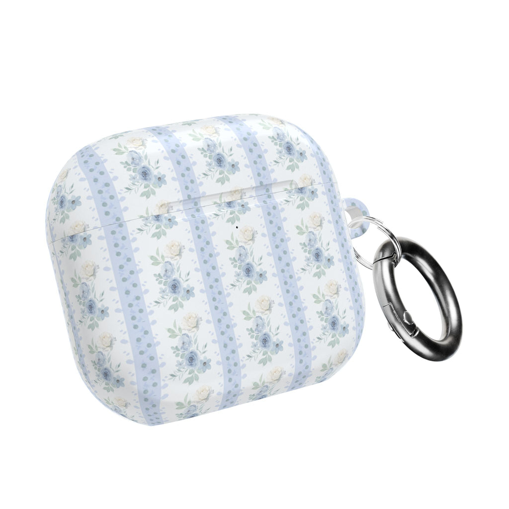 Blue floral striped AirPods case with metal keyring, angled side view