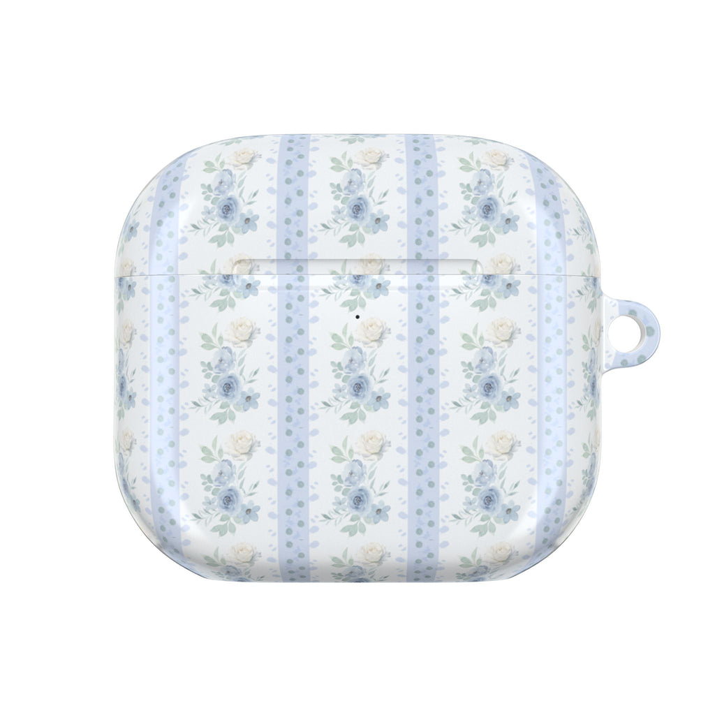Blue striped floral AirPods case, closed front view with side attachment loop