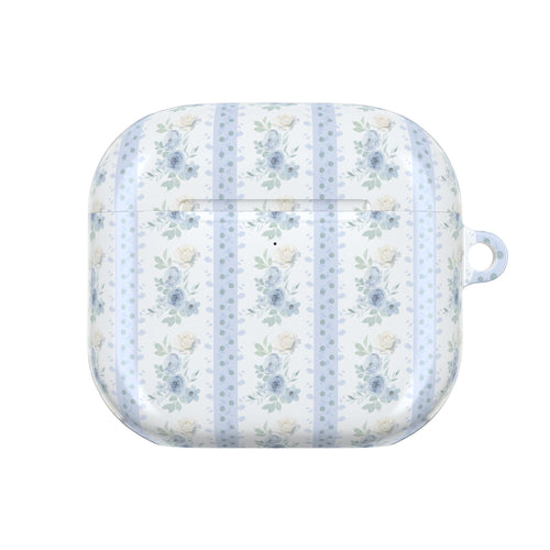 Blue striped floral AirPods case, closed front view with side attachment loop