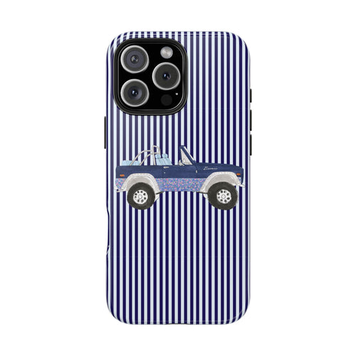 Blue striped phone case with vintage Bronco graphic and floral accents