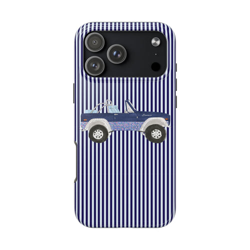 Navy-and-white striped phone case with vintage Bronco truck illustration