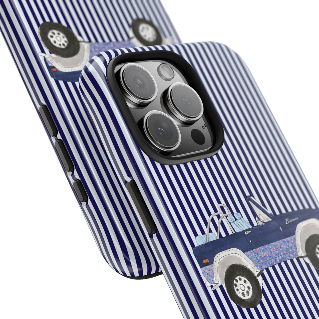 Angled navy-and-white striped phone case with vintage Bronco graphic