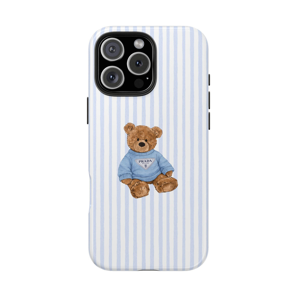 Blue/white striped case with teddy bear in blue sweater, PRADA patch