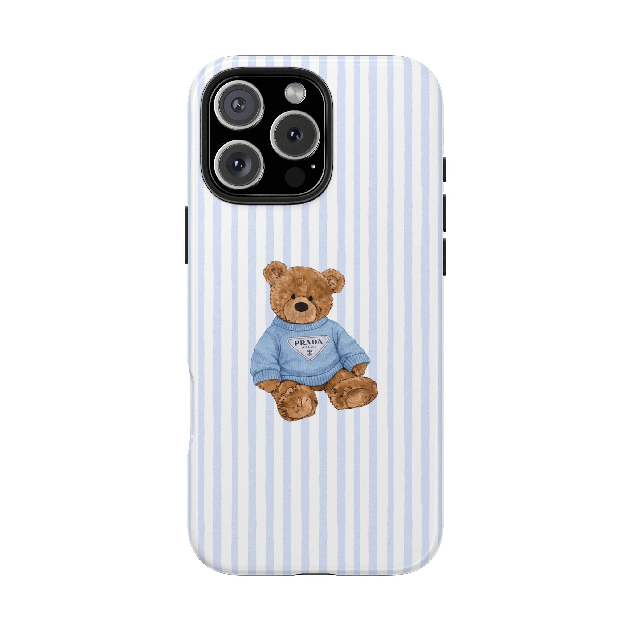 Blue/white striped case with teddy bear in blue sweater, PRADA patch