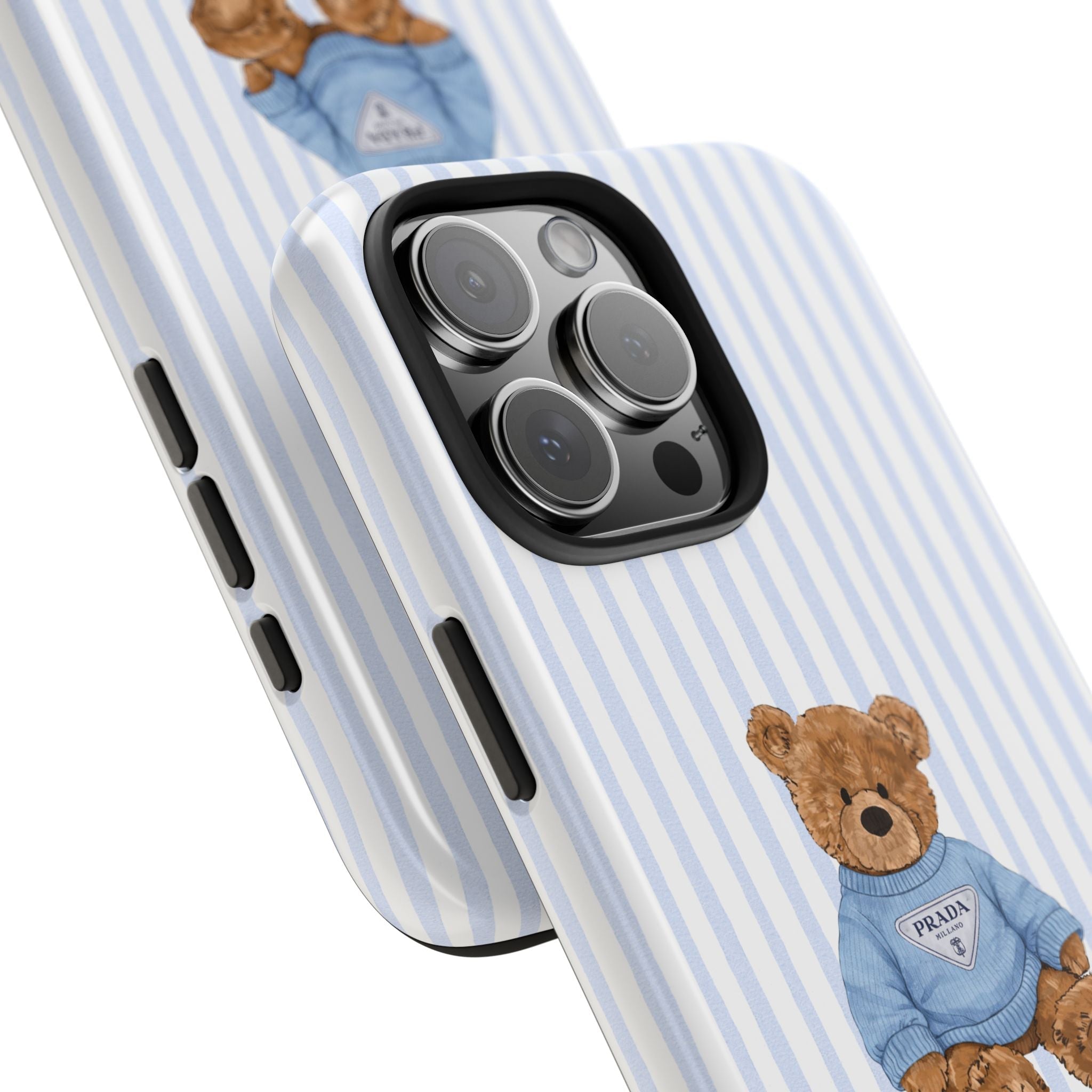 Angled blue/white striped case corner with teddy bear and camera lens cutout