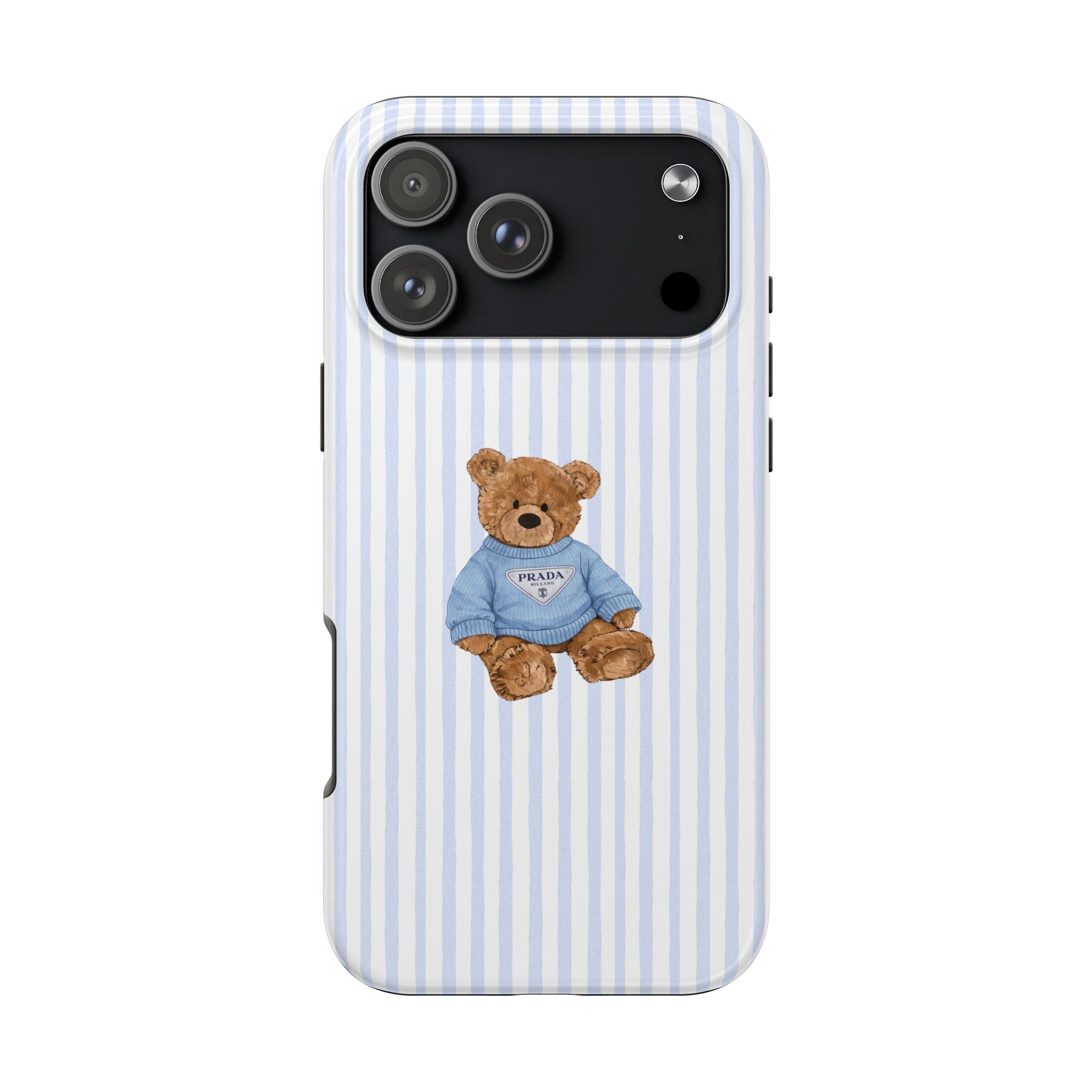 Back view of blue/white striped phone case with teddy bear in blue sweater
