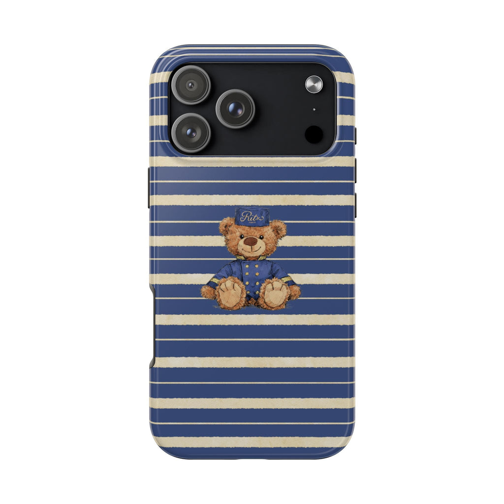 Blue and cream striped phone case with teddy bear patch; camera cutouts visible