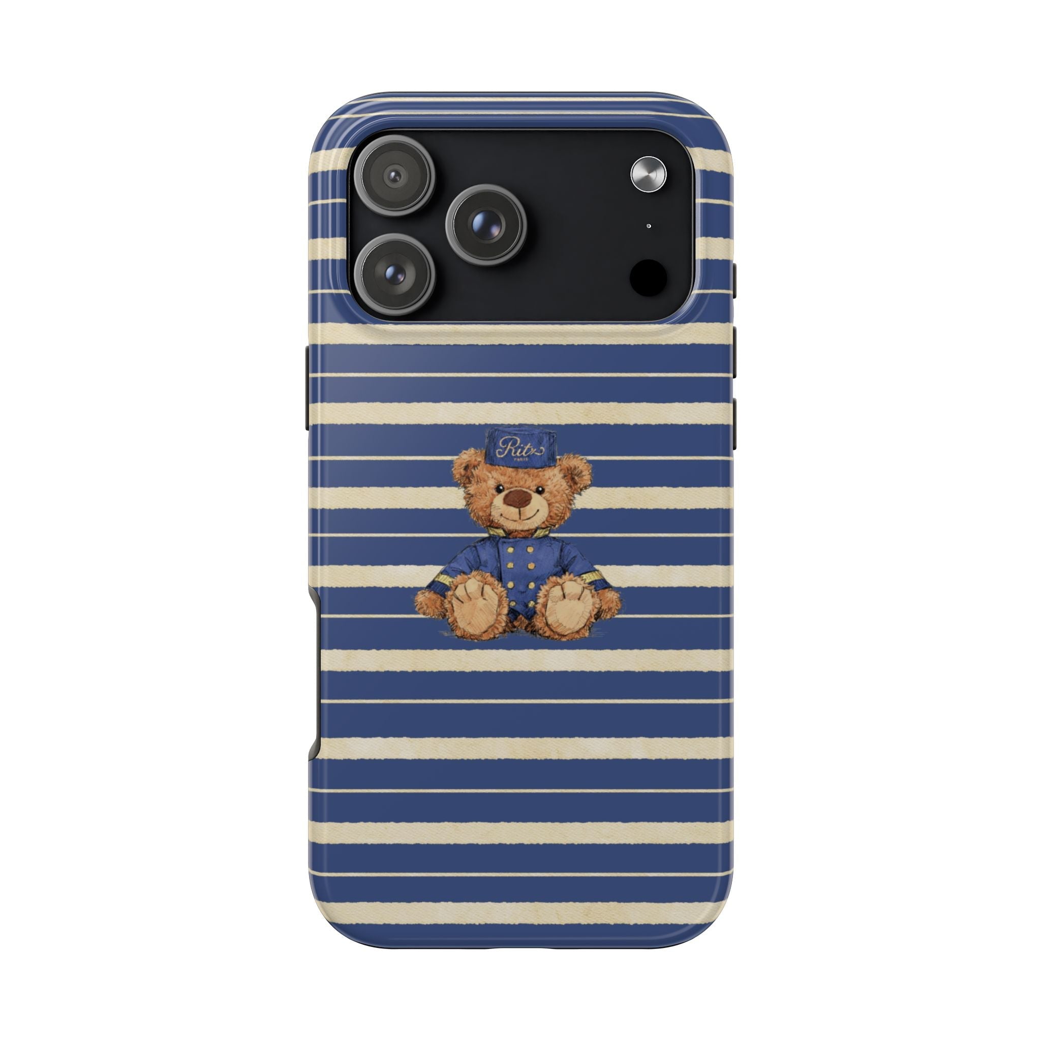 Blue and cream striped phone case with teddy bear patch; camera cutouts visible