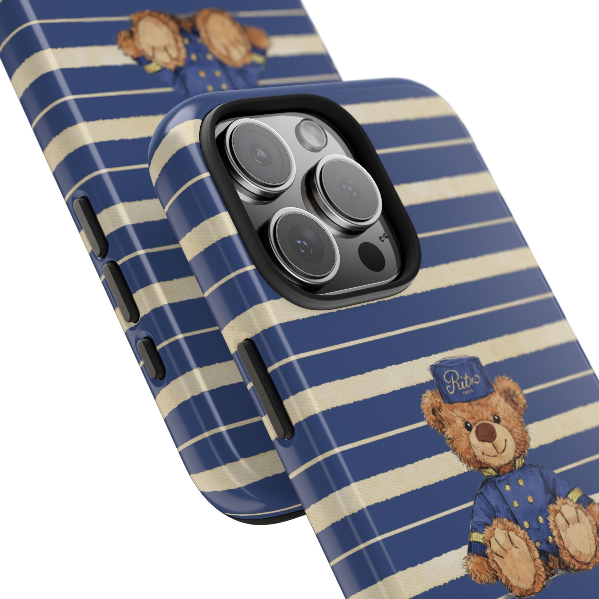 Blue and cream striped phone case with teddy bear graphic; raised camera lens cover