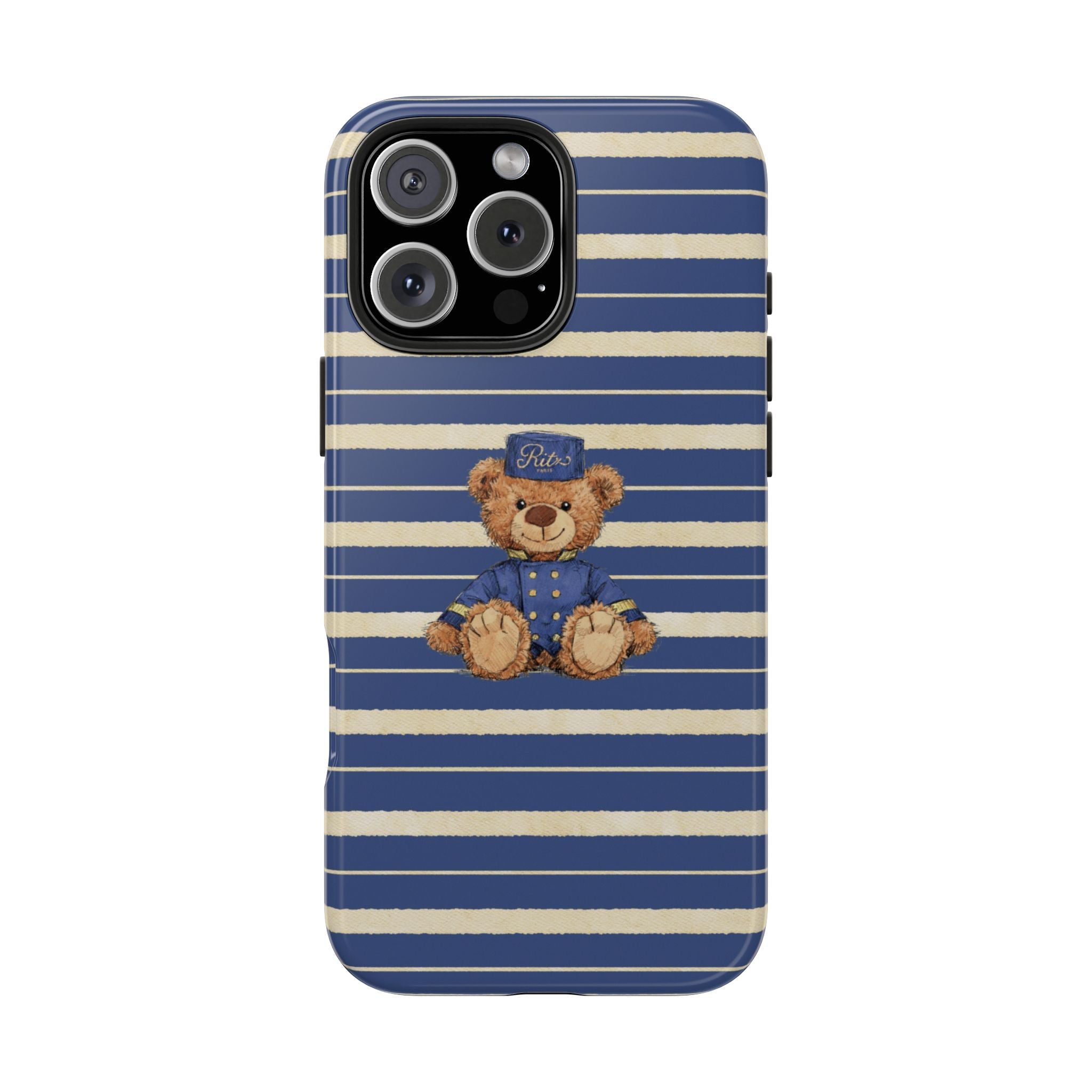 Blue and cream striped phone case with brown teddy bear in blue outfit