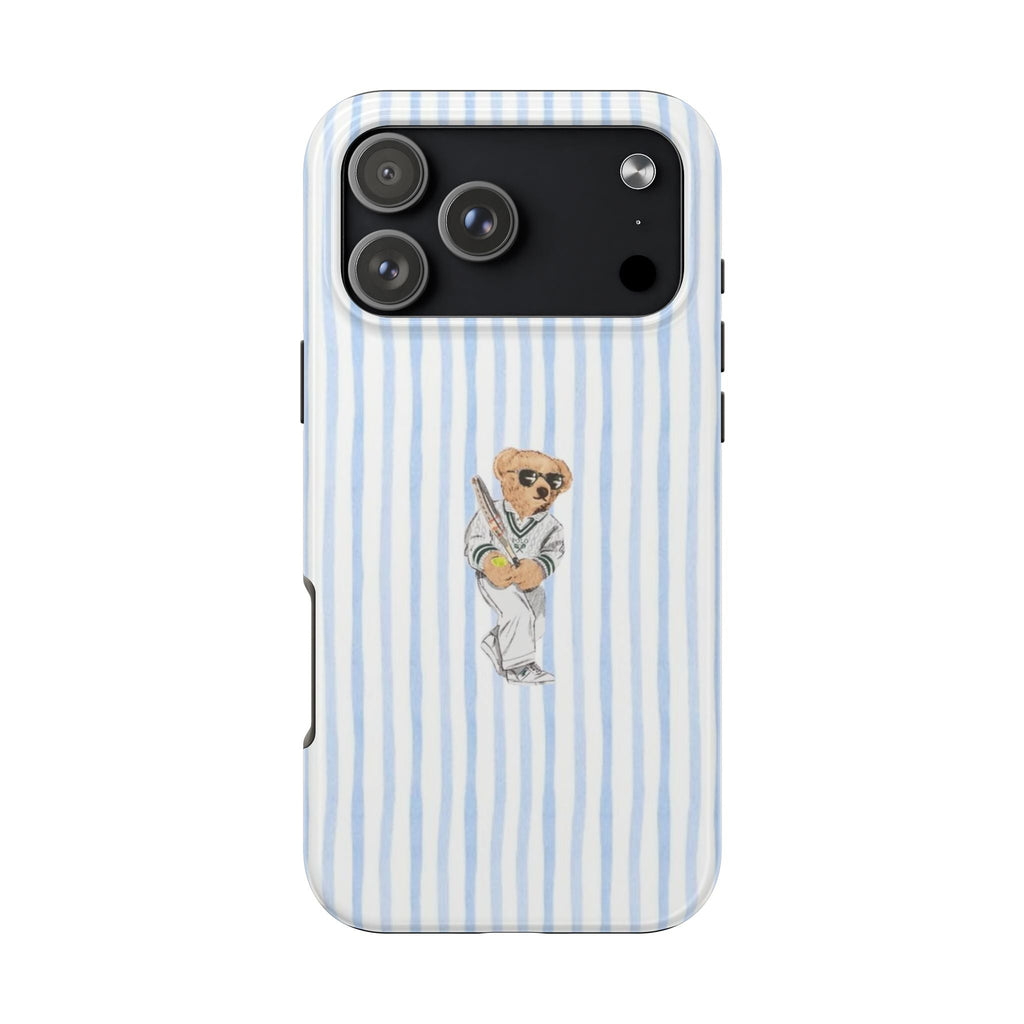 Blue-and-white striped phone case with teddy bear tennis graphic, visible camera cutouts