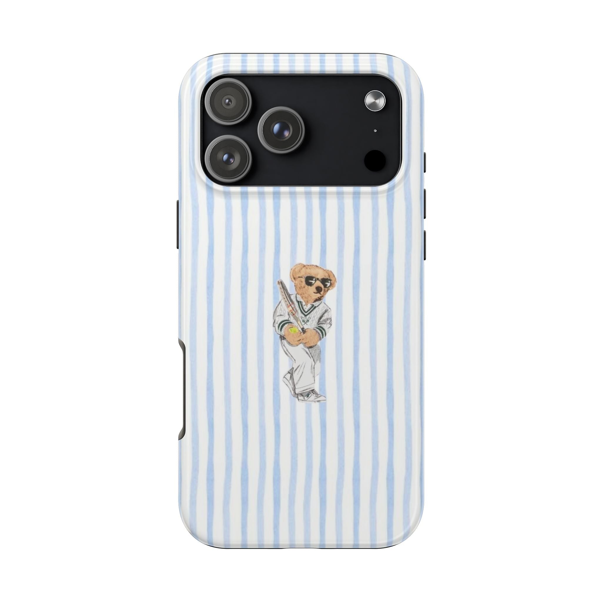 Blue-and-white striped phone case with teddy bear tennis graphic, visible camera cutouts