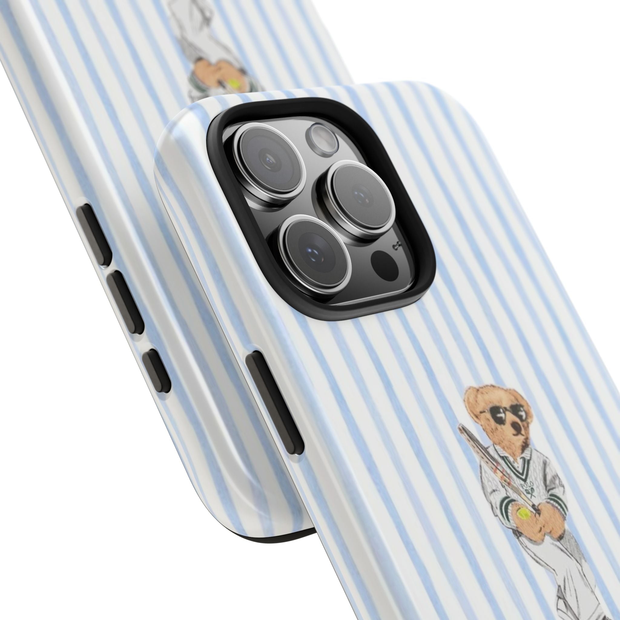 Angled view: blue and white stripe phone case with teddy bear tennis graphic on back