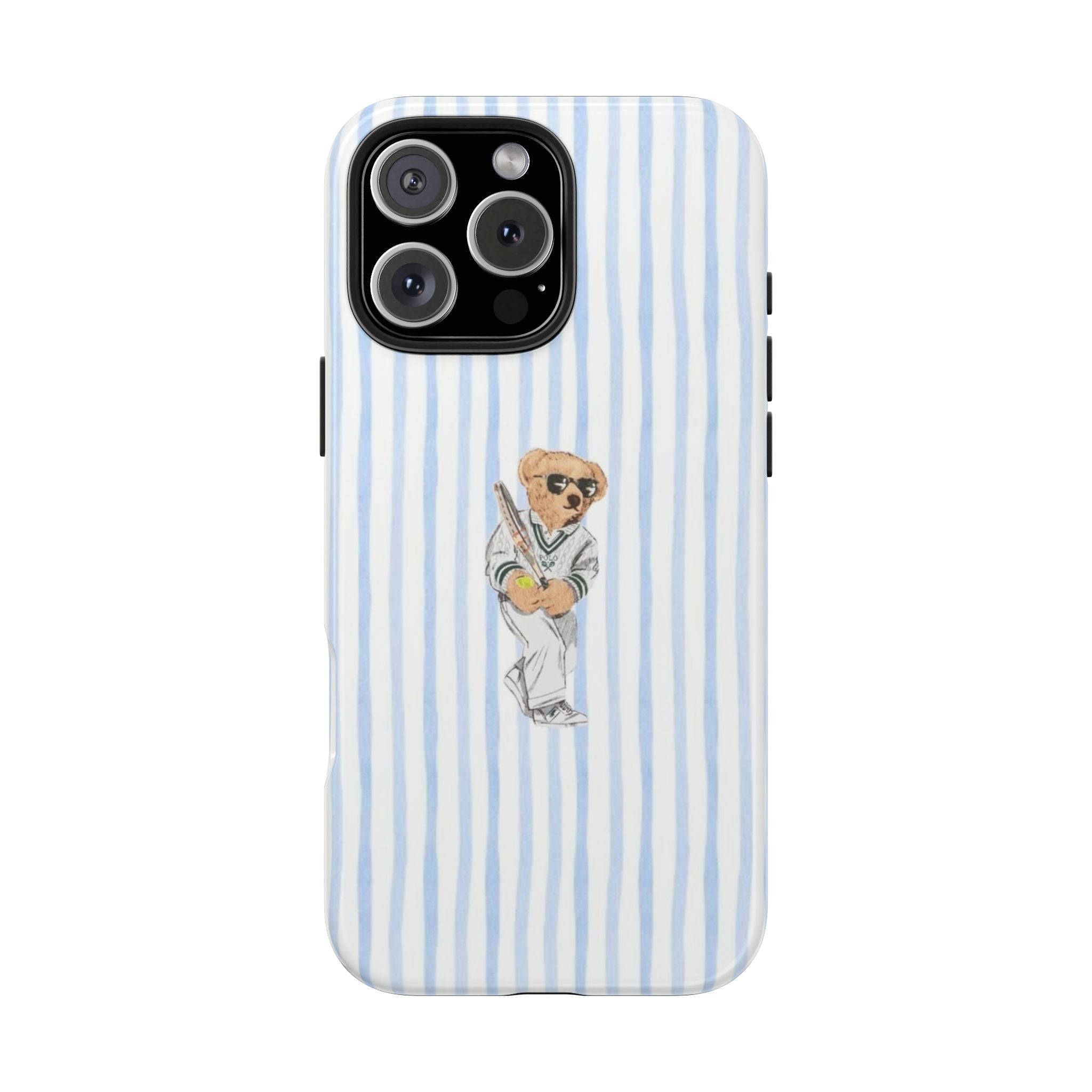 Light blue and white vertical stripe phone case with teddy bear tennis graphic