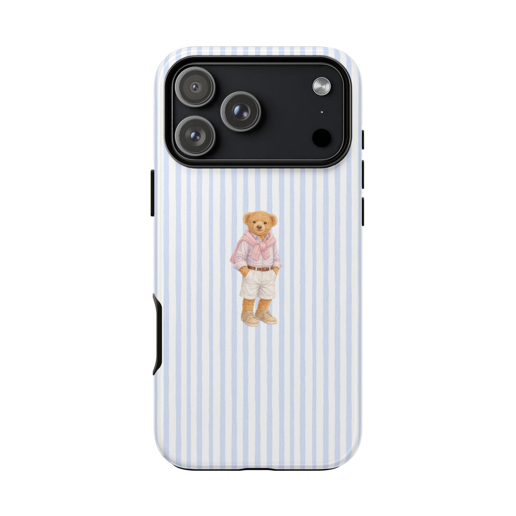 Blue-and-white striped phone case with teddy bear graphic, side buttons visible
