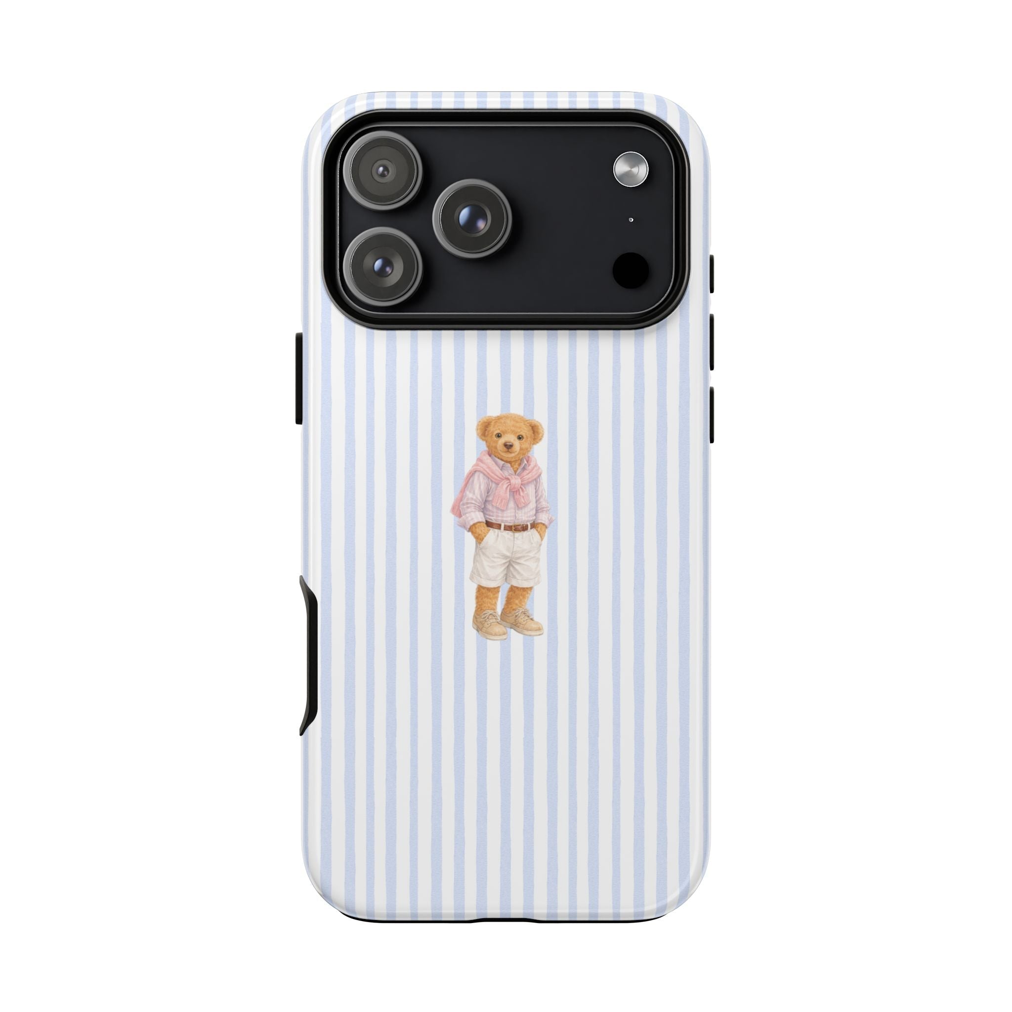 Blue-and-white striped phone case with teddy bear graphic, side buttons visible