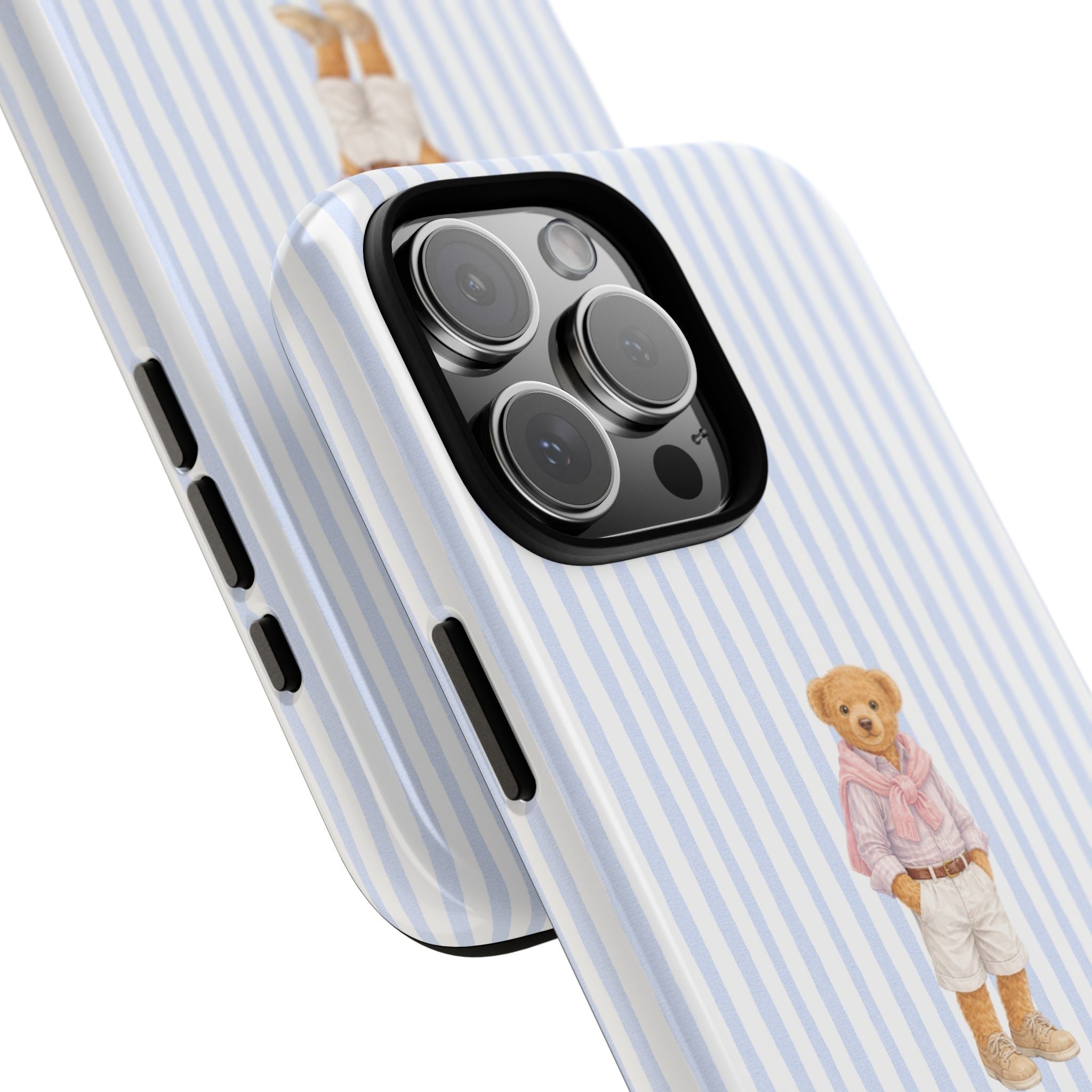 Angled blue-and-white striped phone case with teddy bear graphic, camera lenses protected