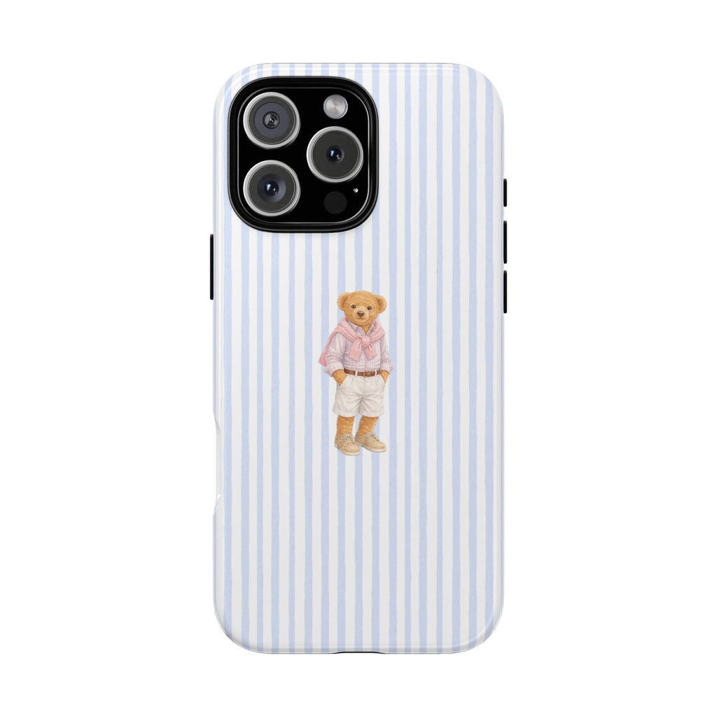 Blue-and-white striped phone case with teddy bear graphic and raised camera cutout