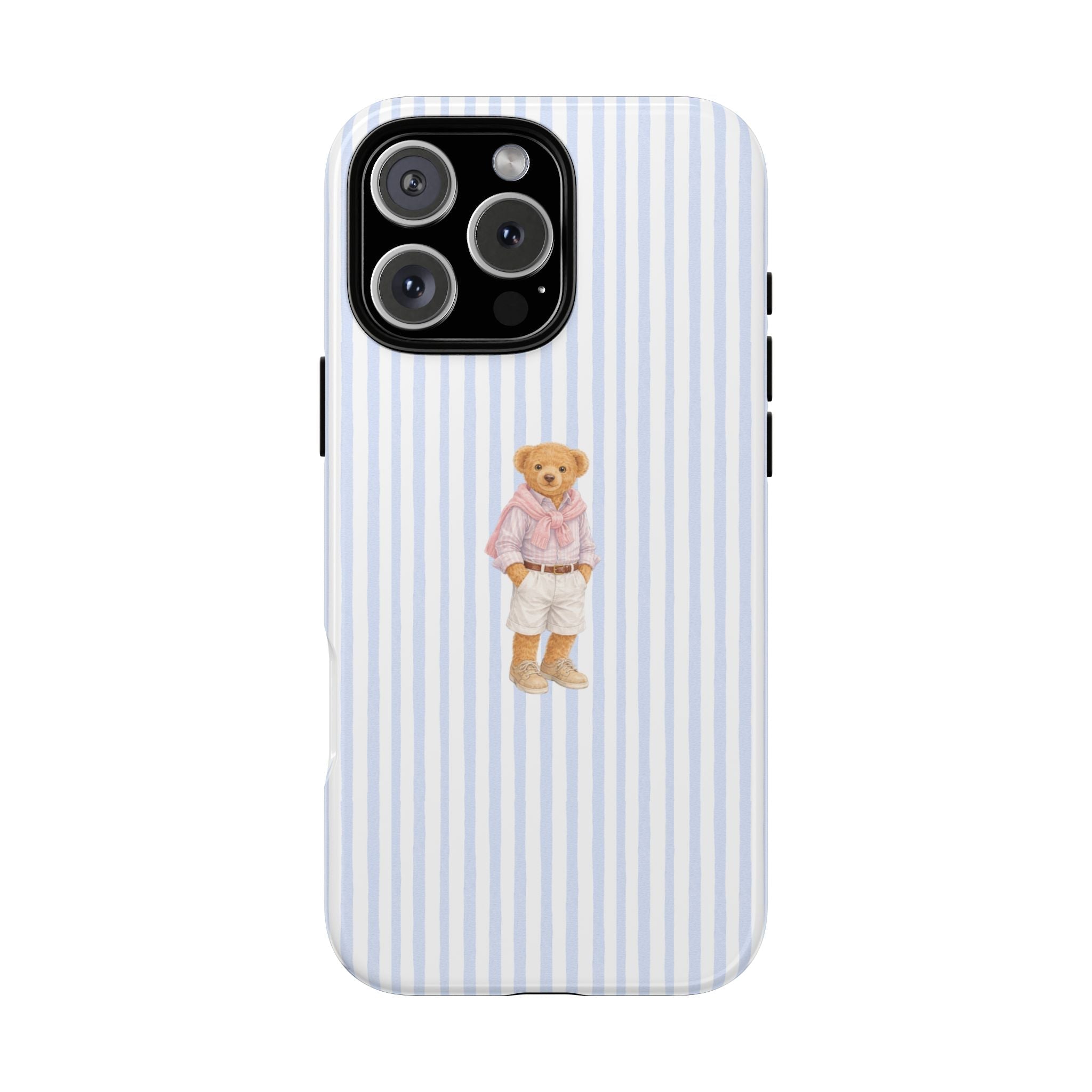 Blue-and-white striped phone case with teddy bear graphic and raised camera cutout