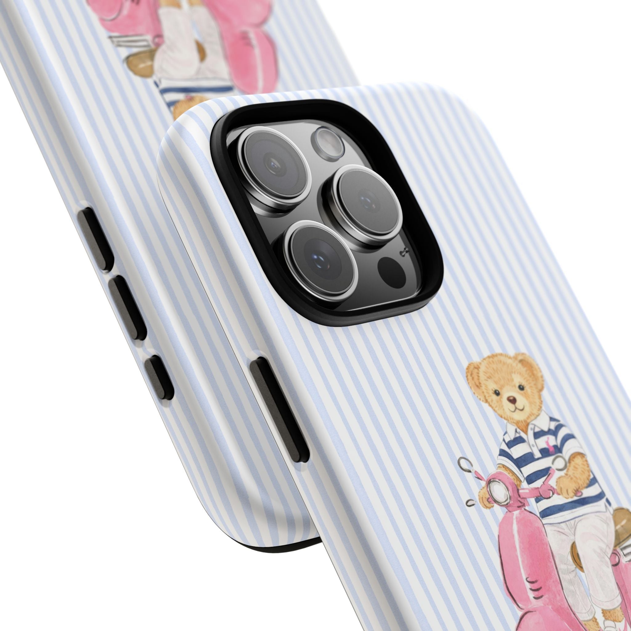 Blue striped case with teddy bear on pink scooter; camera cutout and side buttons