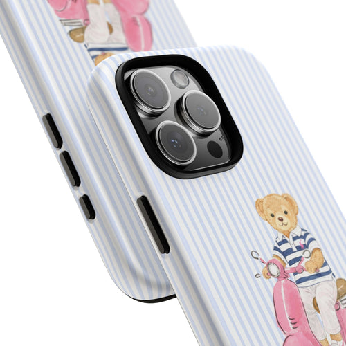 Blue striped case with teddy bear on pink scooter; camera cutout and side buttons