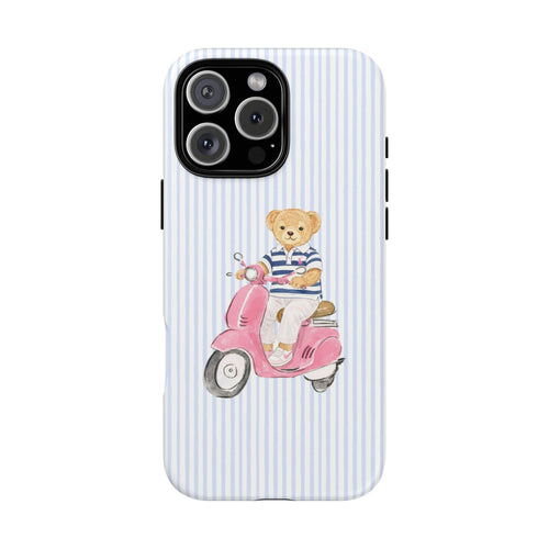 Blue striped phone case with teddy bear riding pink scooter, centered illustration