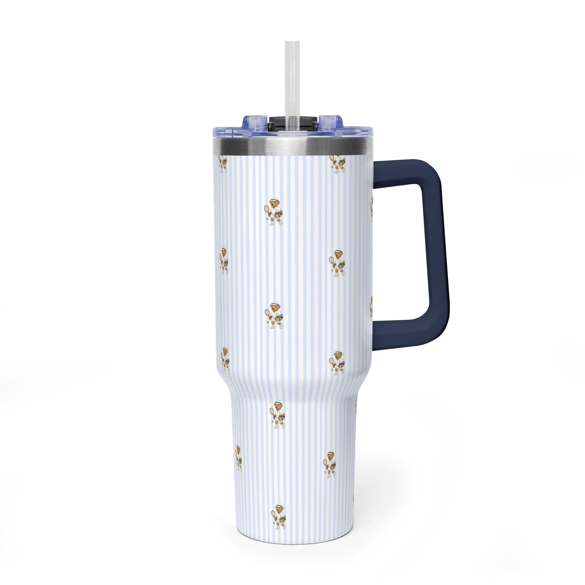 40oz tumbler: blue striped stainless steel with teddy bear print, navy handle, clear lid+straw