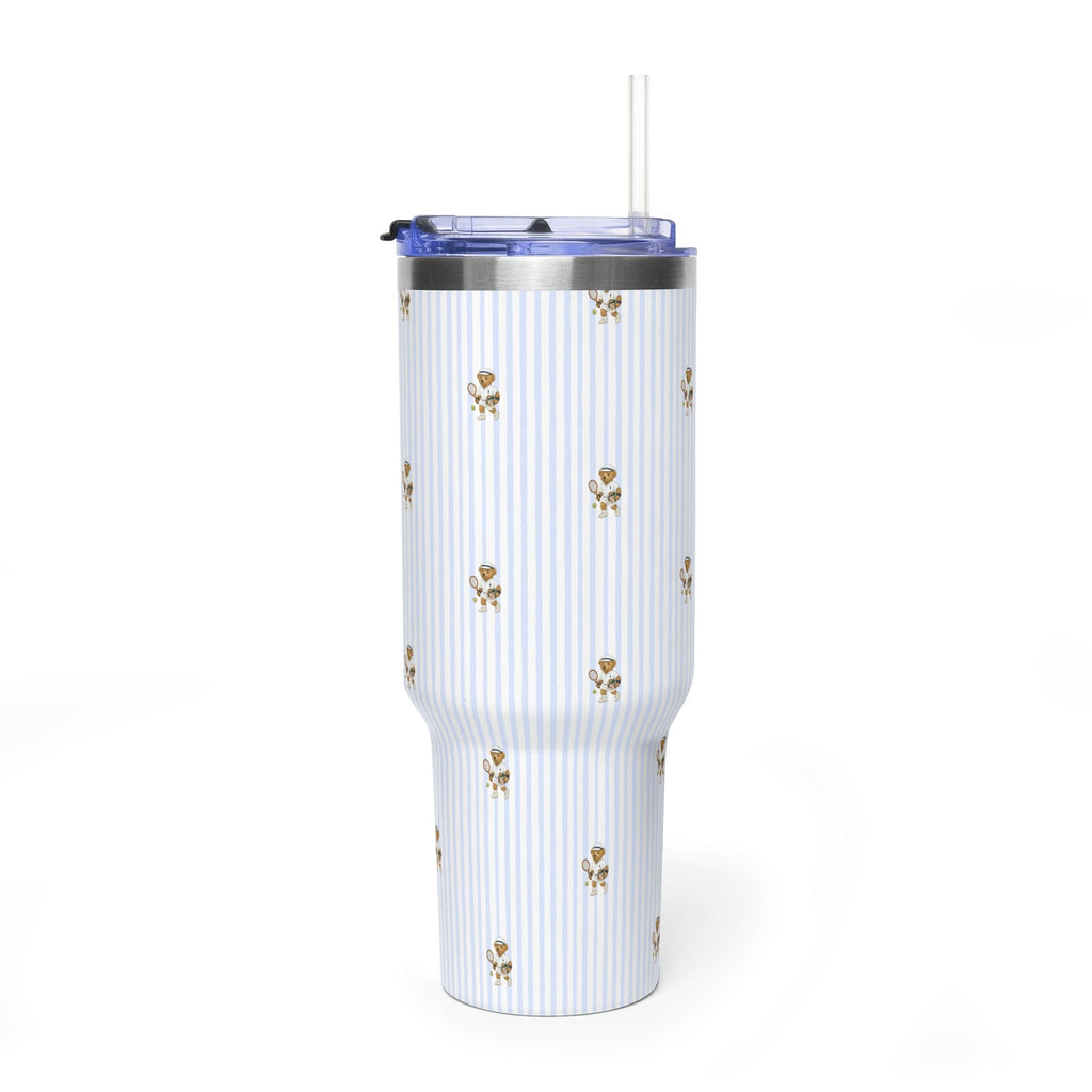 40oz stainless tumbler with blue vertical stripes and teddy bears, blue lid, straw