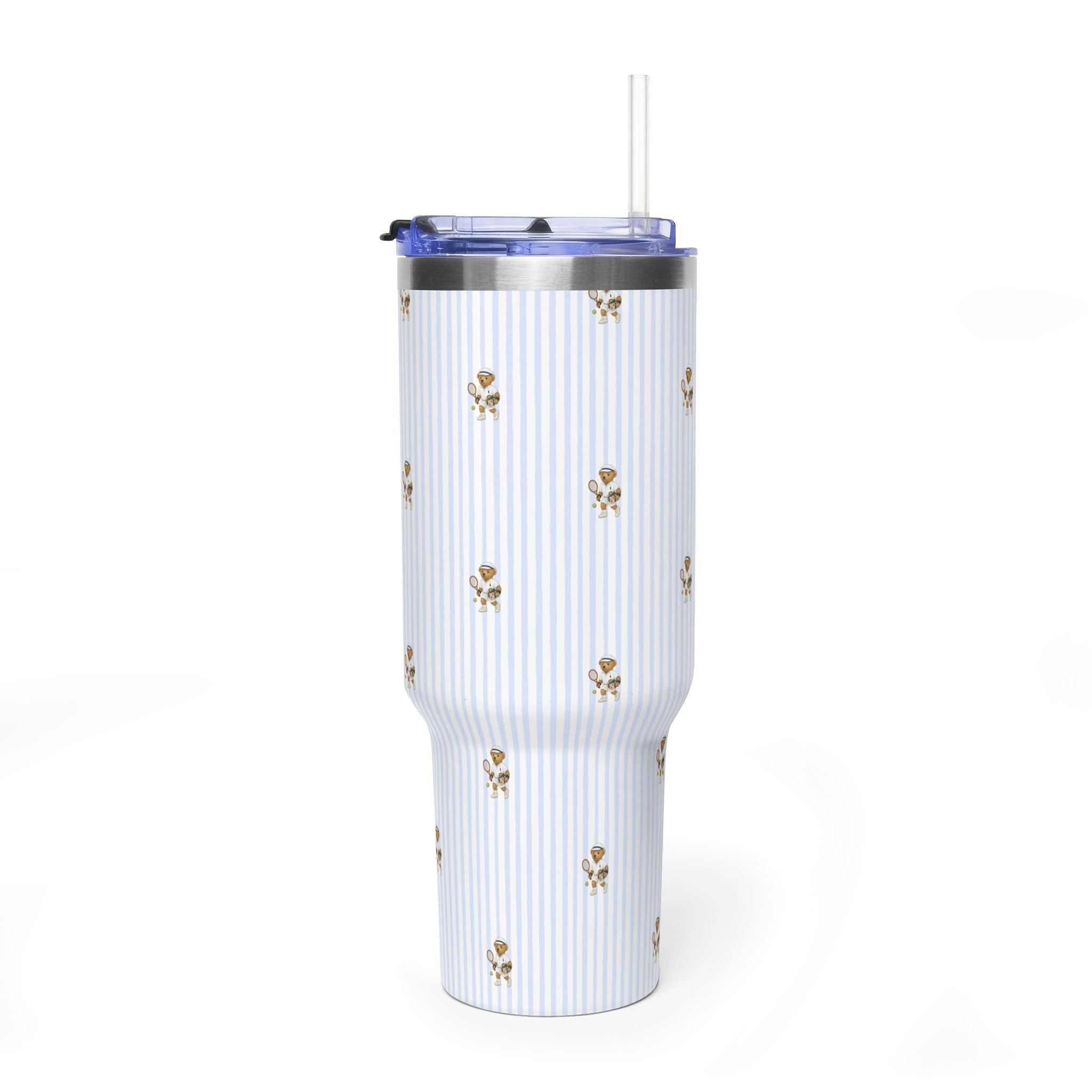 40oz stainless tumbler with blue vertical stripes and teddy bears, blue lid, straw