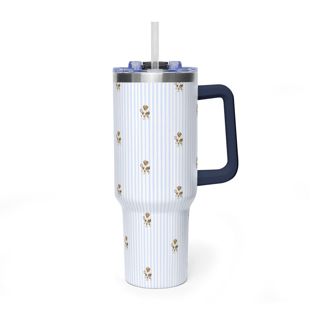 Blue striped 40oz tumbler with teddy bears, navy handle, clear lid and straight straw