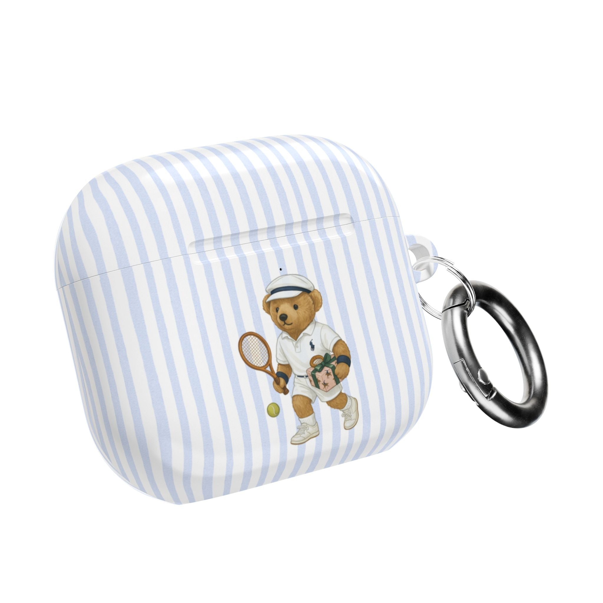 Light blue striped AirPods case with teddy bear tennis player and metal keyring