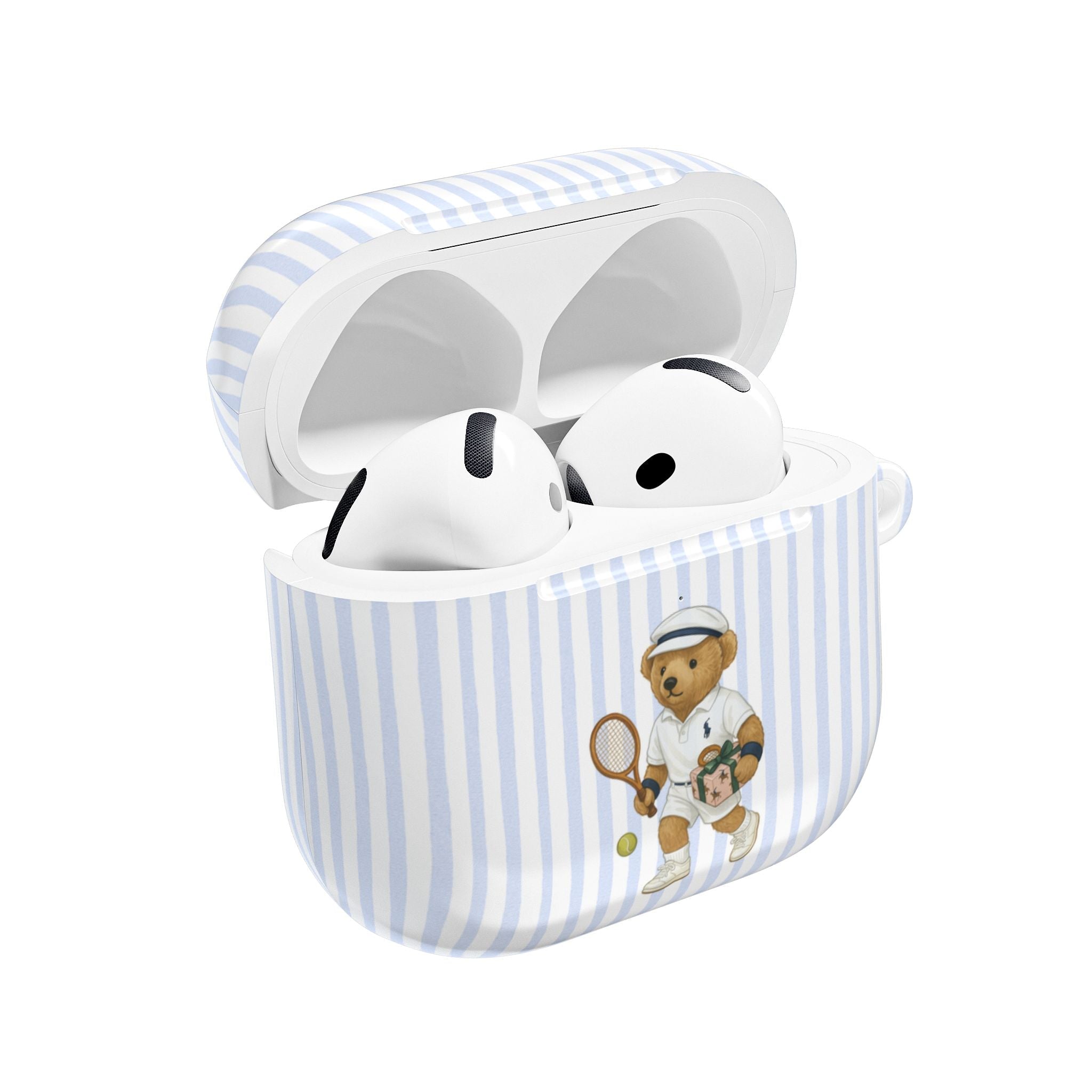 Light blue striped AirPods case with teddy bear holding a tennis racket, open