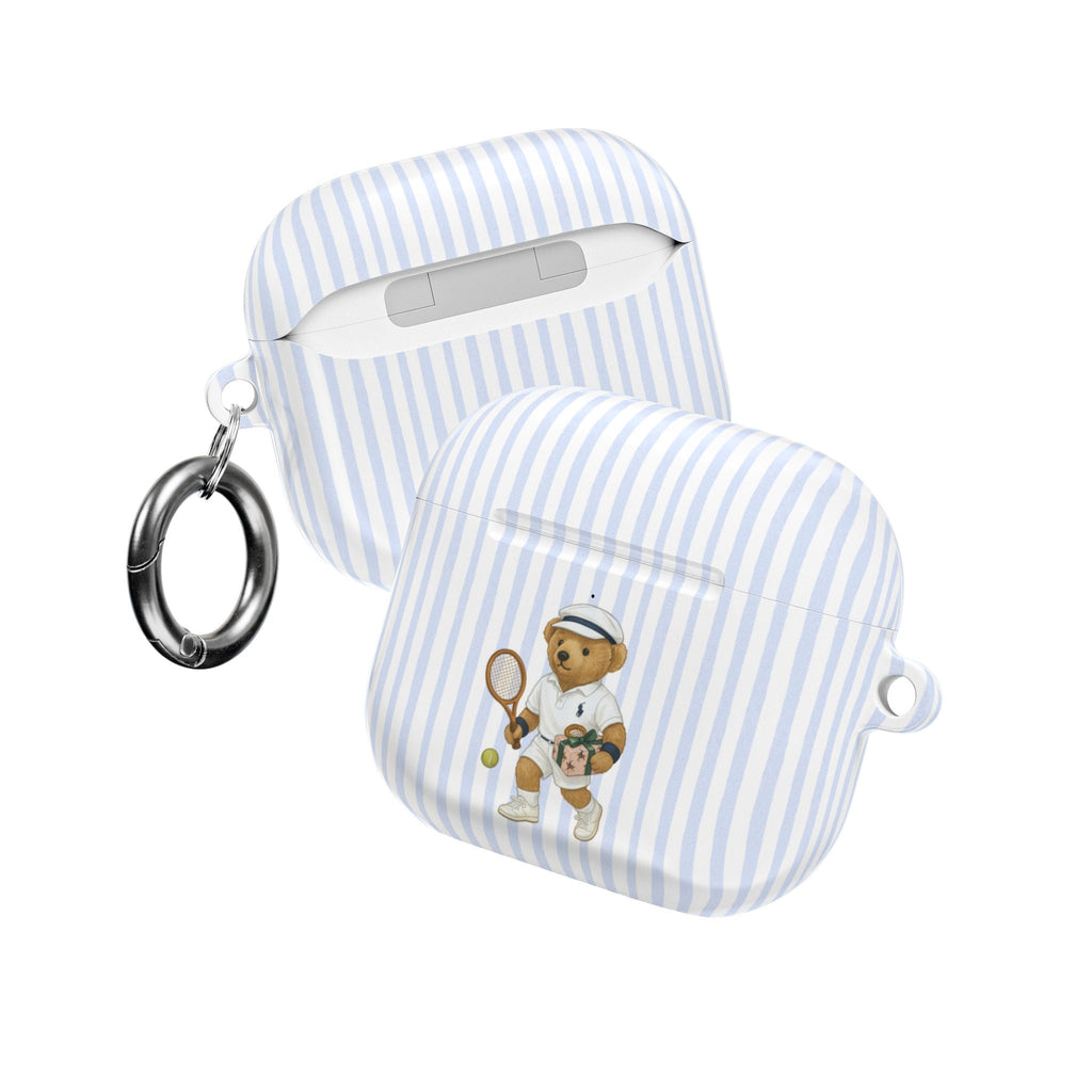 Light blue striped AirPods case with teddy bear tennis player, top button, keyring