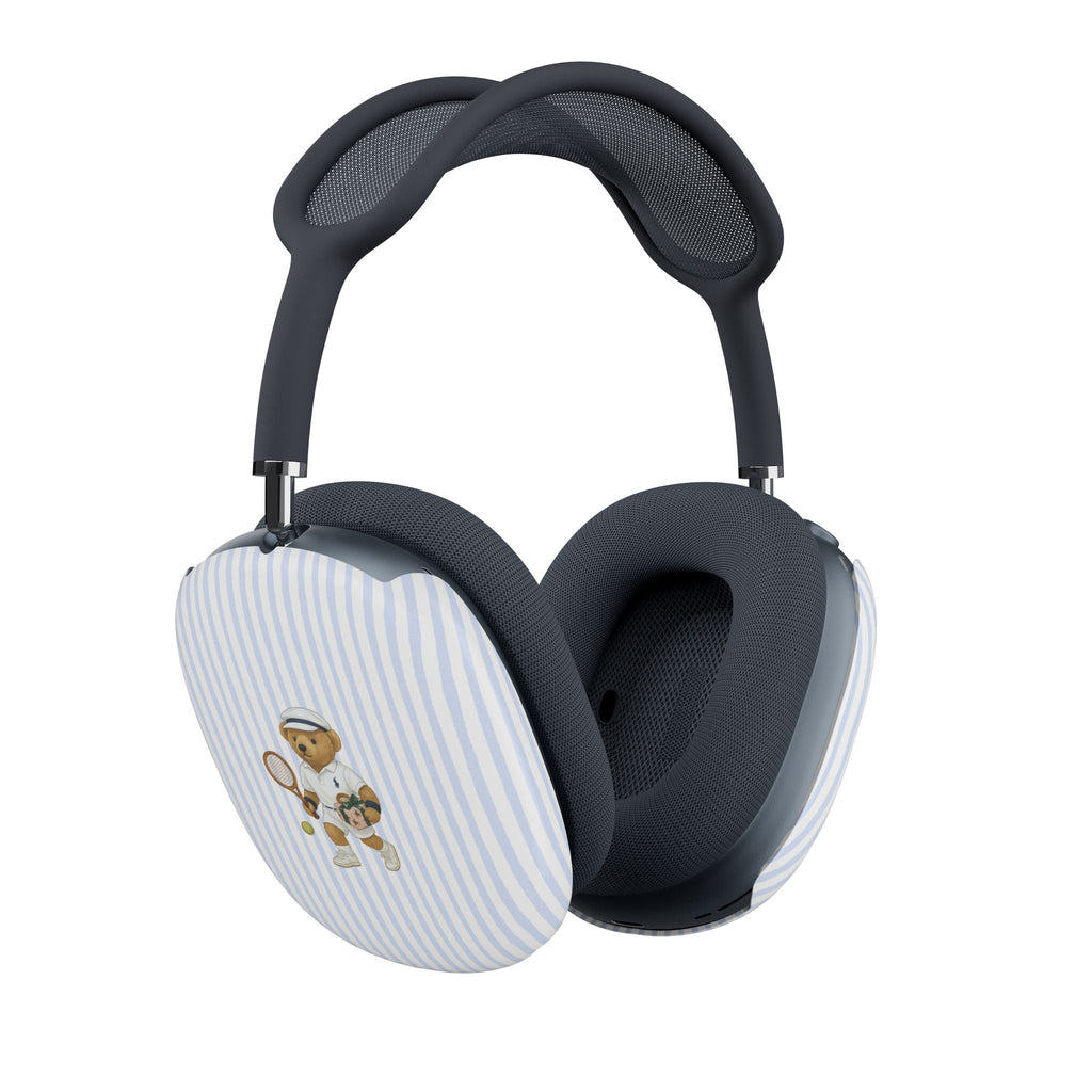 Light blue striped earcup covers with teddy bear motif and dark cushioned backing