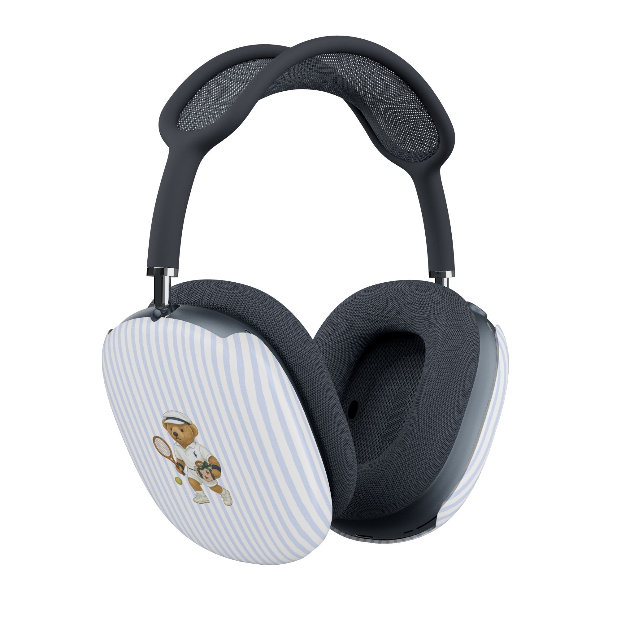 Light blue striped earcup covers with teddy bear motif and dark cushioned backing