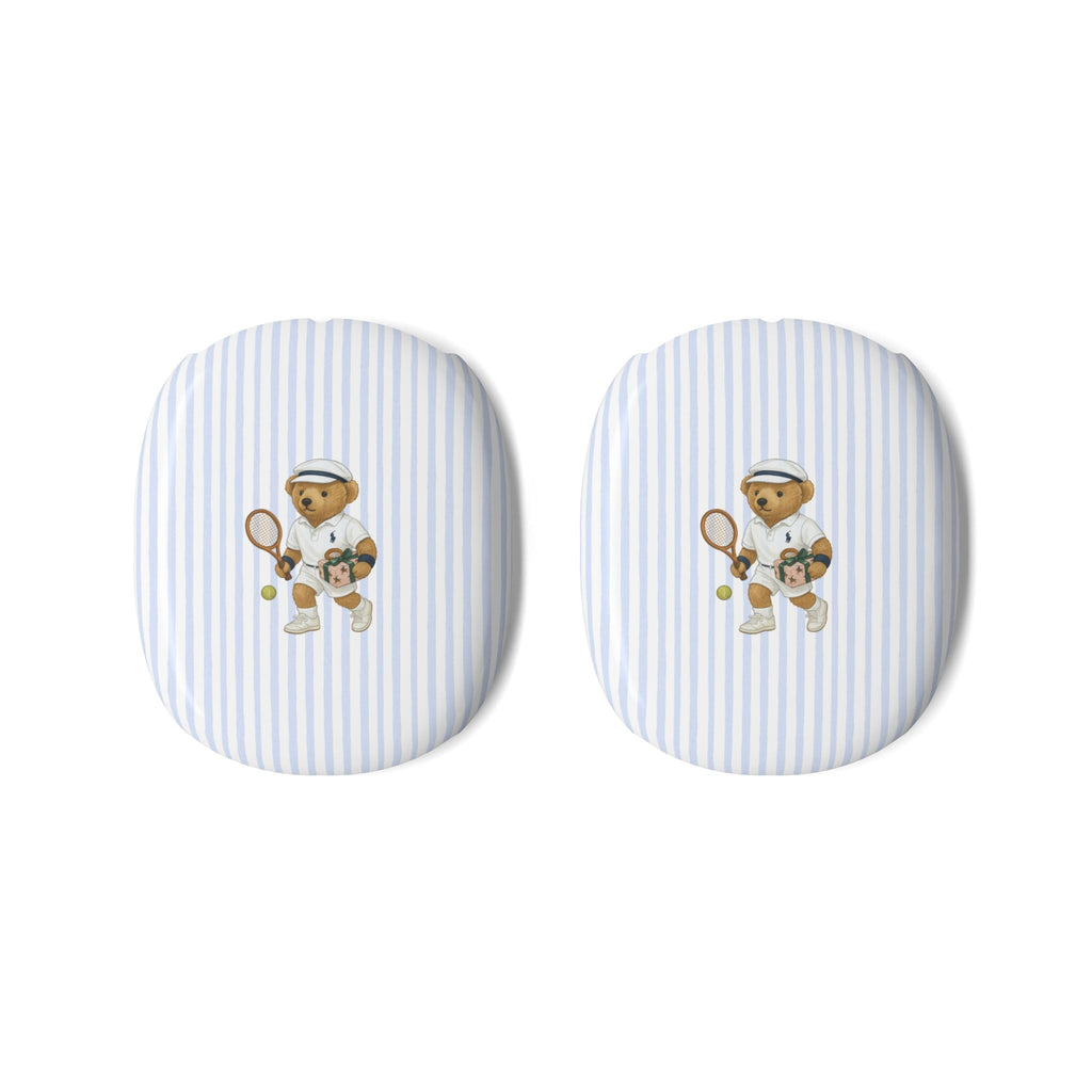 Pair of round earcup covers in light blue vertical stripes with teddy bear graphic